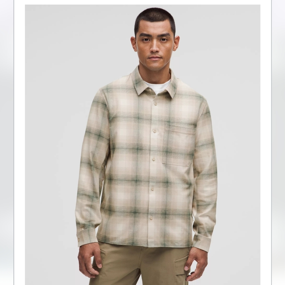 NWT Mens Lululemon Brushed Woven Overshirt Flannel Medium plaid Mojave khaki tan